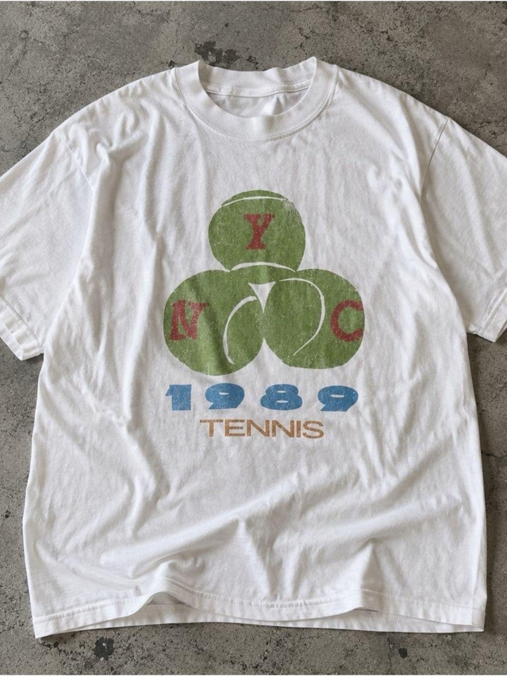 Gildan White Tee with Green Tennis Ball Graphic & Blue 1989 Print